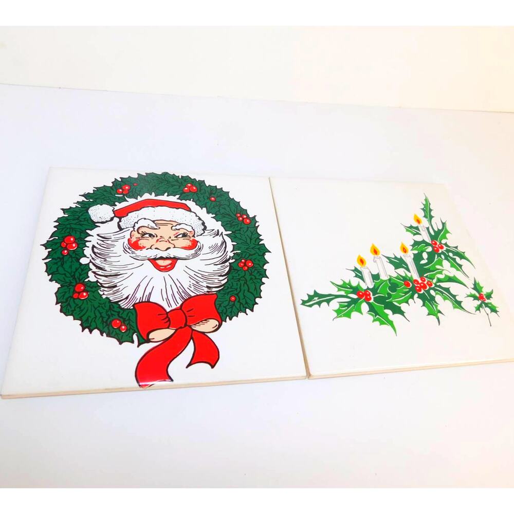 Vintage Jasco Christmas Holiday Ceramic Tile Trivets Santa Candle Set of 2